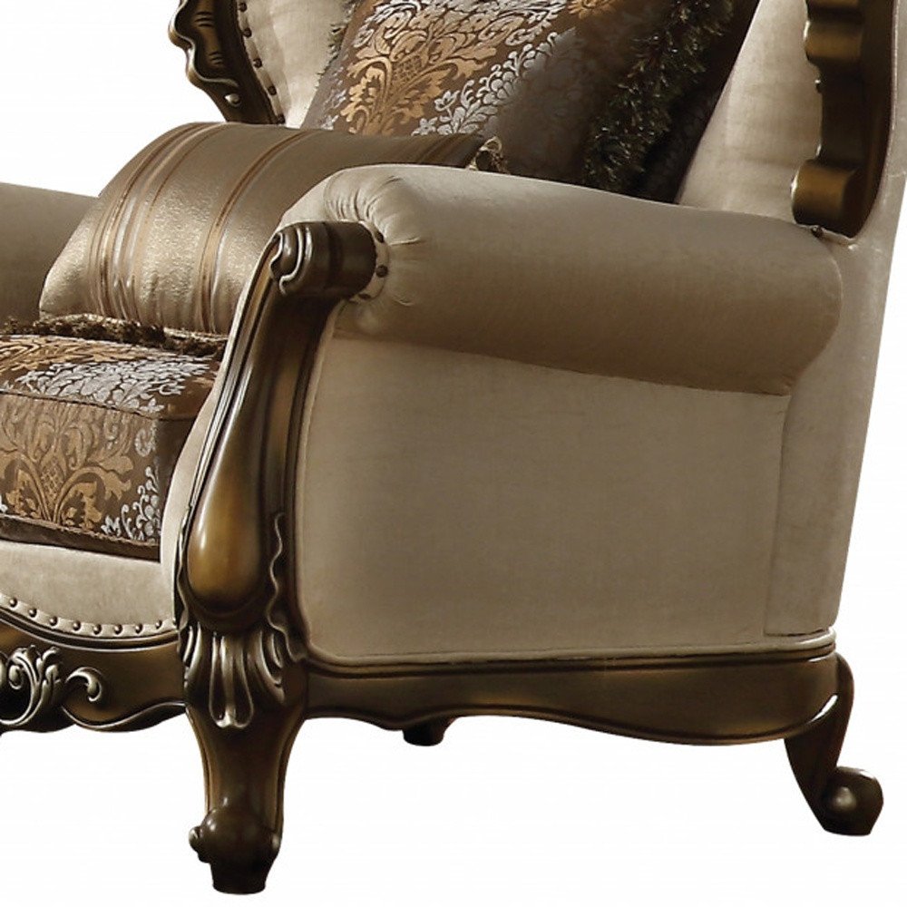 49" Tan and Brown Fabric Damask Tufted Wingback Chair And Toss Pillows HomeRoots