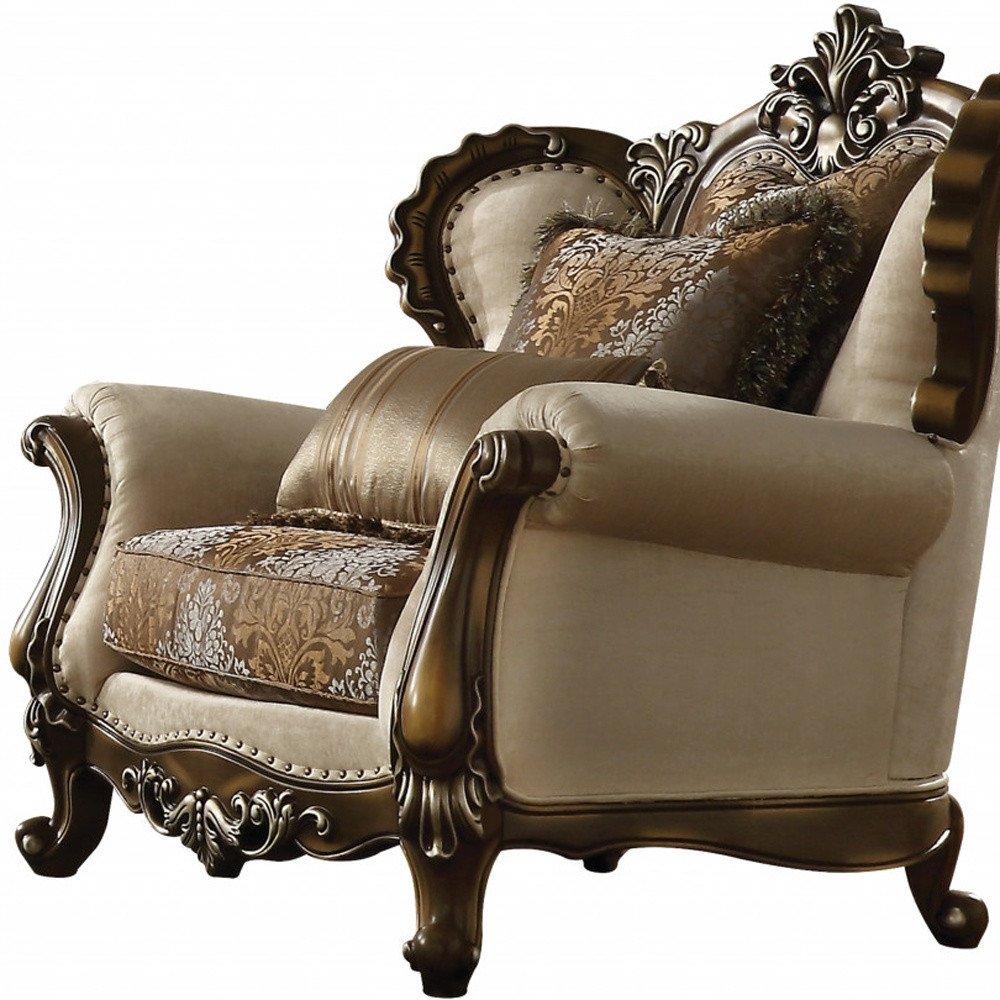 49" Tan and Brown Fabric Damask Tufted Wingback Chair And Toss Pillows HomeRoots