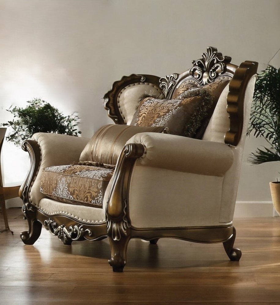 49" Tan and Brown Fabric Damask Tufted Wingback Chair And Toss Pillows HomeRoots