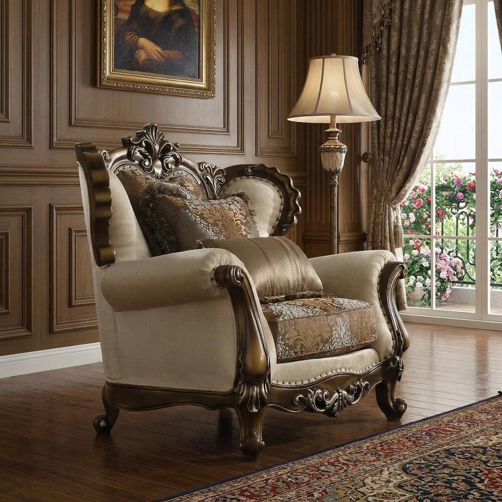 49" Tan and Brown Fabric Damask Tufted Wingback Chair And Toss Pillows HomeRoots