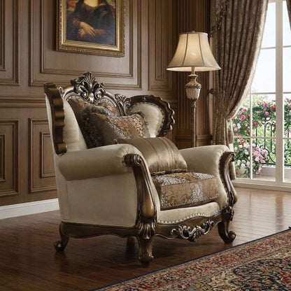 49" Tan and Brown Fabric Damask Tufted Wingback Chair And Toss Pillows HomeRoots