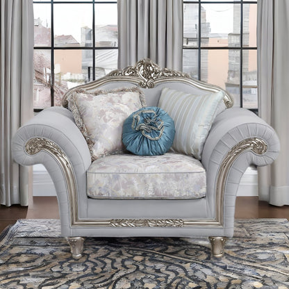 62" Light Gray and Platinum Linen Floral Club Chair And Toss Pillows HomeRoots