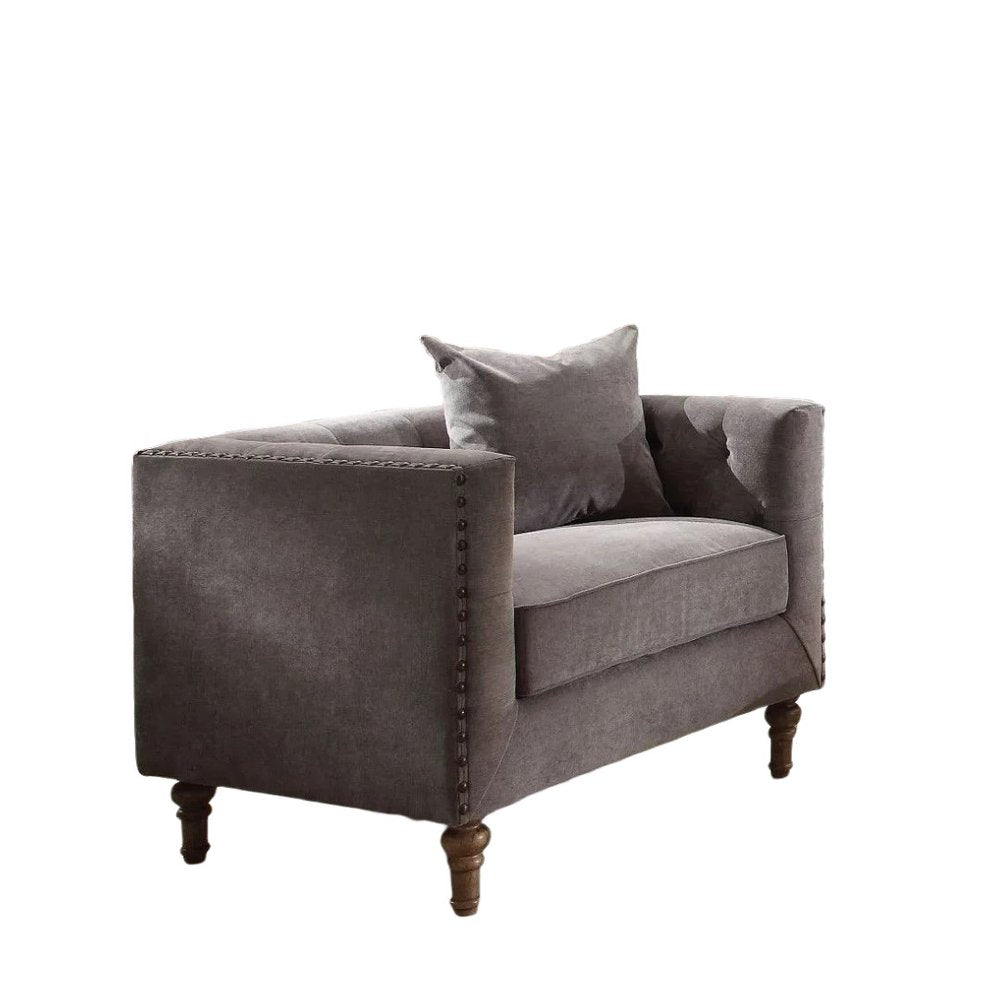 41" Gray and Antiqued Brass Velvet Tufted Arm Chair And Toss Pillow HomeRoots