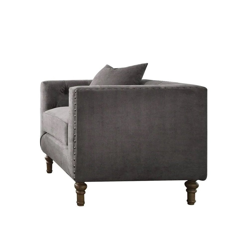 41" Gray and Antiqued Brass Velvet Tufted Arm Chair And Toss Pillow HomeRoots