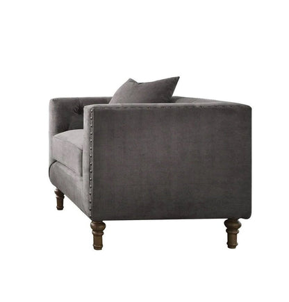 41" Gray and Antiqued Brass Velvet Tufted Arm Chair And Toss Pillow HomeRoots