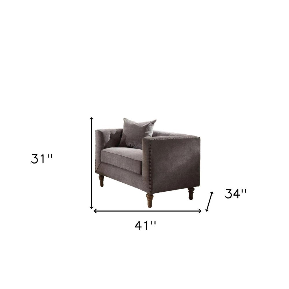 41" Gray and Antiqued Brass Velvet Tufted Arm Chair And Toss Pillow HomeRoots