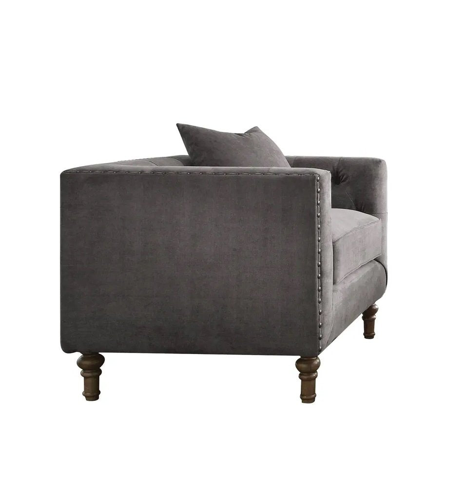 41" Gray and Antiqued Brass Velvet Tufted Arm Chair And Toss Pillow HomeRoots