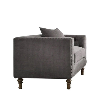 41" Gray and Antiqued Brass Velvet Tufted Arm Chair And Toss Pillow HomeRoots