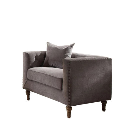 41" Gray and Antiqued Brass Velvet Tufted Arm Chair And Toss Pillow HomeRoots