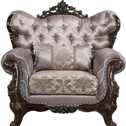 46" Light Gray Fabric And Antique Oak Floral Tufted Arm Chair