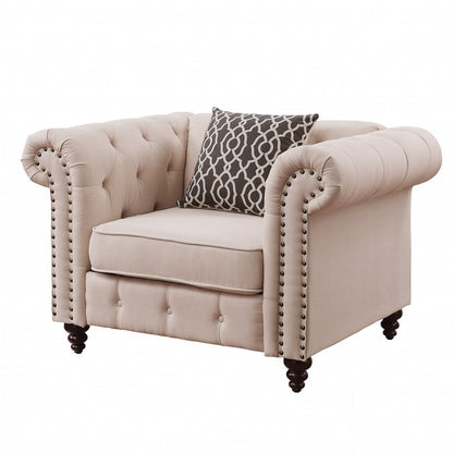45" Beige and Black Linen Tufted Chesterfield Chair And Toss Pillow HomeRoots