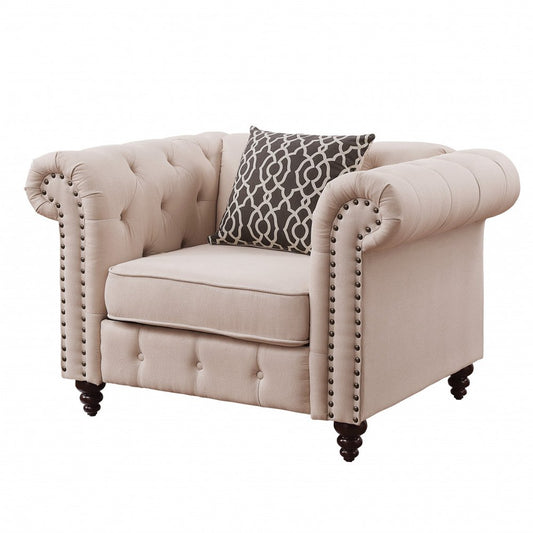 45" Beige and Black Linen Tufted Chesterfield Chair And Toss Pillow HomeRoots