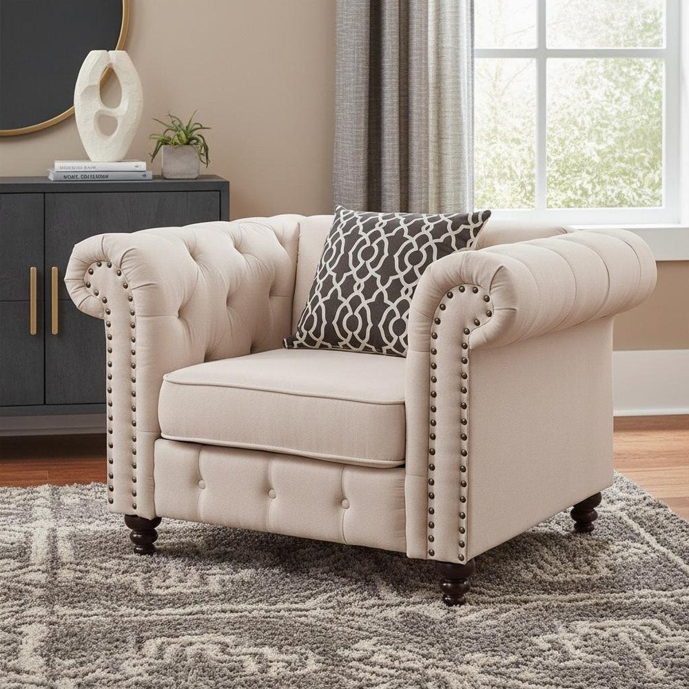 45" Beige and Black Linen Tufted Chesterfield Chair And Toss Pillow HomeRoots