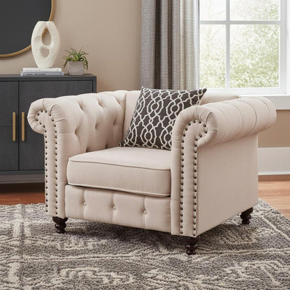 45" Beige and Black Linen Tufted Chesterfield Chair And Toss Pillow HomeRoots