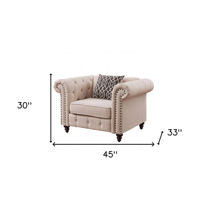 45" Beige and Black Linen Tufted Chesterfield Chair And Toss Pillow HomeRoots