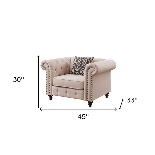 45" Beige and Black Linen Tufted Chesterfield Chair And Toss Pillow HomeRoots