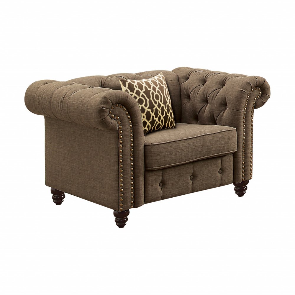 45" Brown and Black Linen Tufted Chesterfield Chair And Toss Pillow HomeRoots