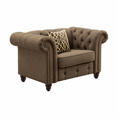45" Brown and Black Linen Tufted Chesterfield Chair And Toss Pillow HomeRoots