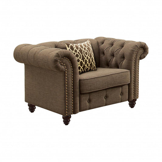 45" Brown Linen And Black Tufted Chesterfield Chair - FurniFindUSA