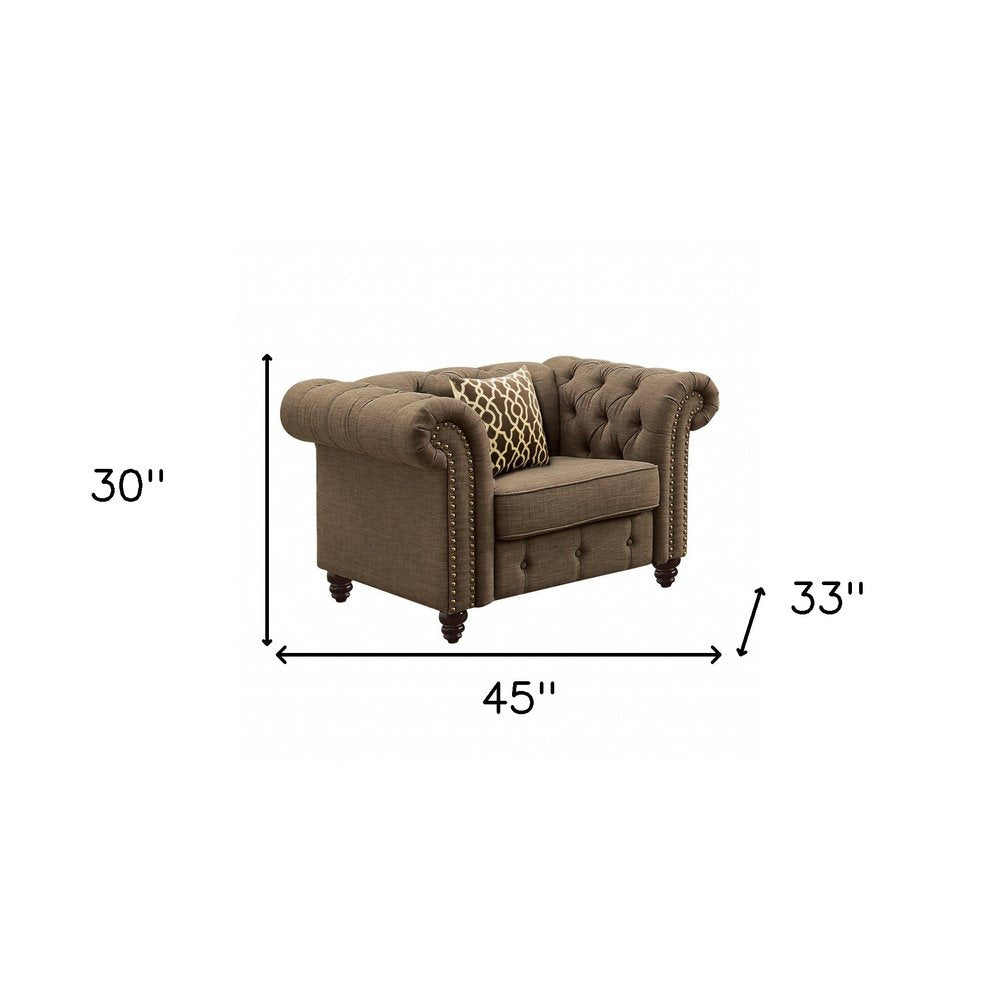 45" Brown and Black Linen Tufted Chesterfield Chair And Toss Pillow HomeRoots