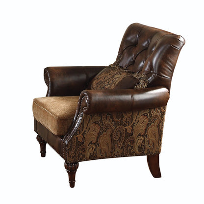 38" Brown and Black Faux Leather Floral Tufted Arm Chair And Toss Pillow HomeRoots