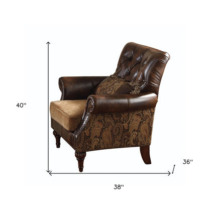 38" Brown and Black Faux Leather Floral Tufted Arm Chair And Toss Pillow HomeRoots