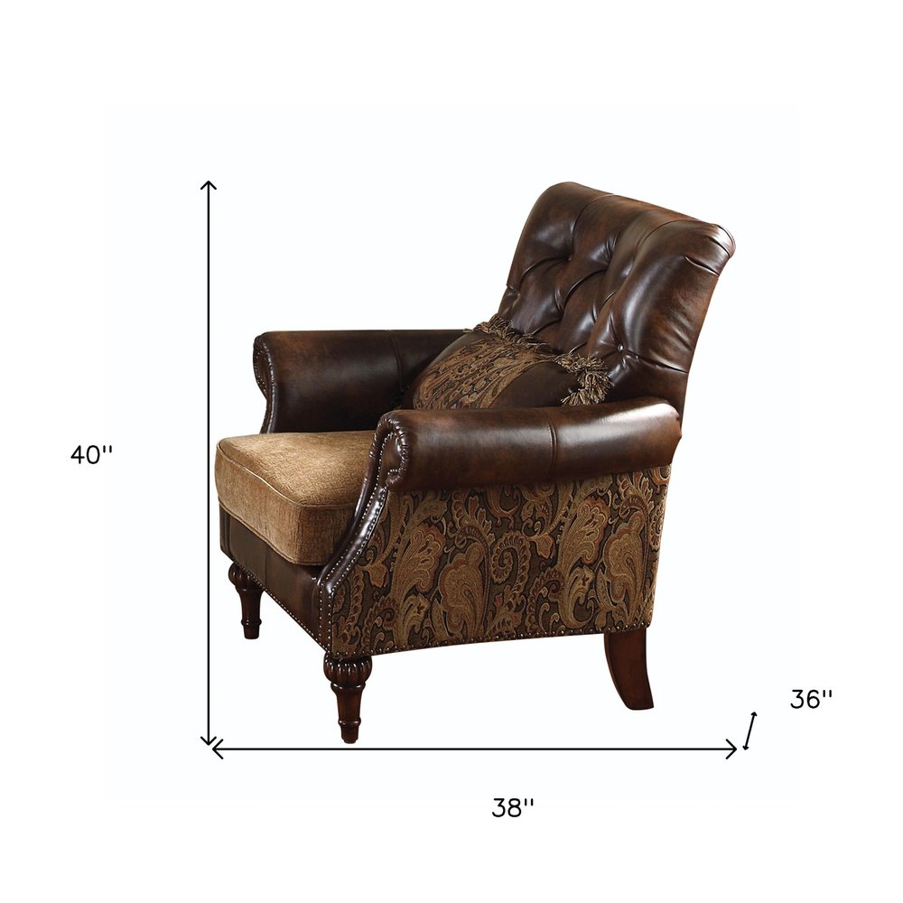 38" Brown and Black Faux Leather Floral Tufted Arm Chair And Toss Pillow HomeRoots