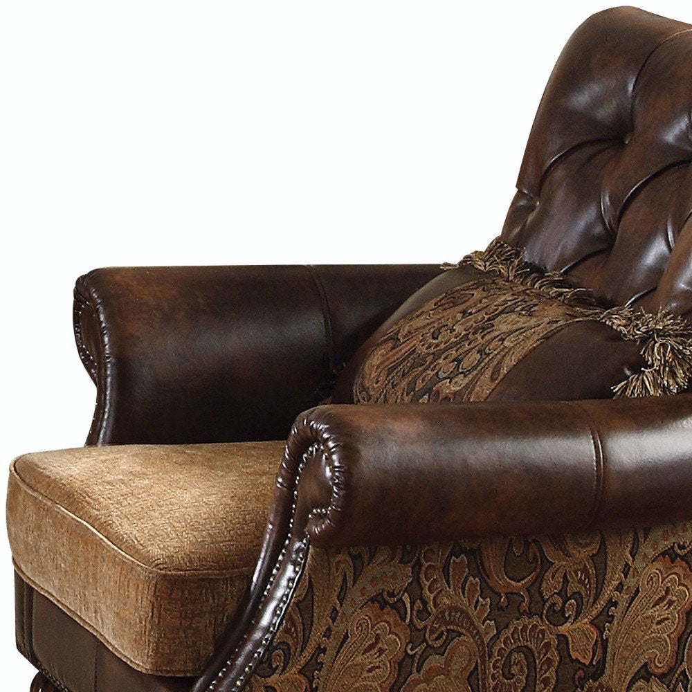 38" Brown and Black Faux Leather Floral Tufted Arm Chair And Toss Pillow HomeRoots