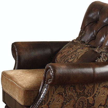38" Brown and Black Faux Leather Floral Tufted Arm Chair And Toss Pillow HomeRoots
