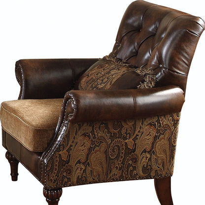 38" Brown and Black Faux Leather Floral Tufted Arm Chair And Toss Pillow HomeRoots