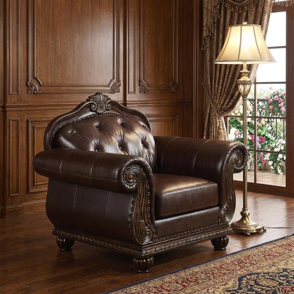 47" Espresso Top Grain Leather Tufted Arm Chair HomeRoots