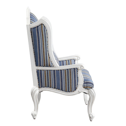 31" Blue White And Brown Fabric And White Striped Wingback Chair