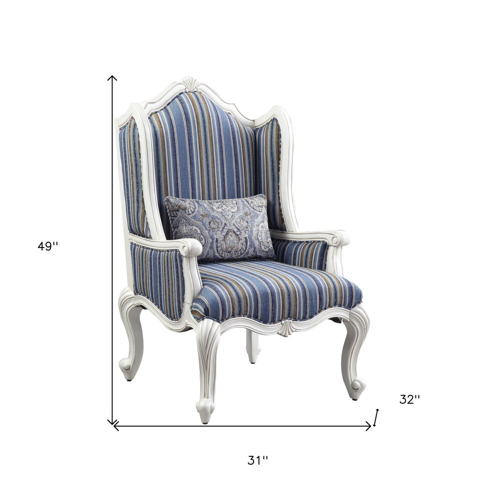 31" Blue and White Fabric Striped Wingback Chair And Toss Pillow HomeRoots