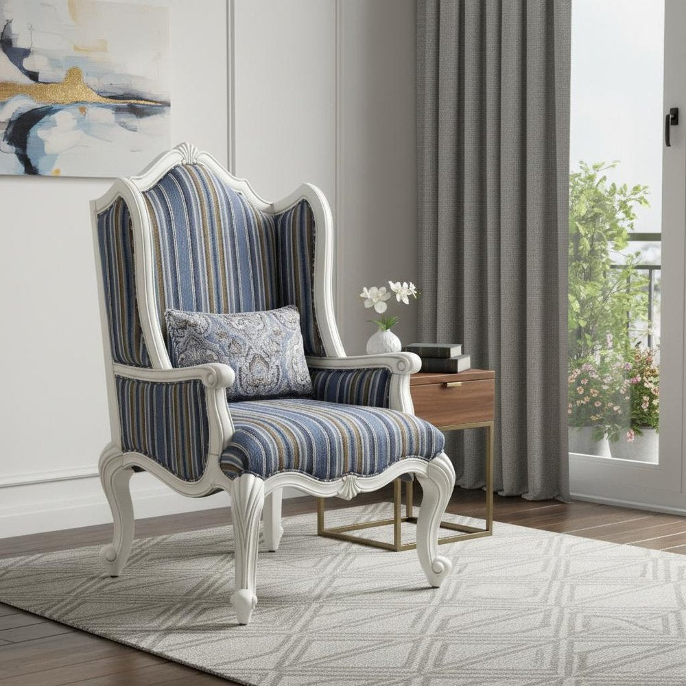 31" Blue and White Fabric Striped Wingback Chair And Toss Pillow HomeRoots