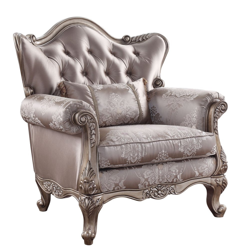 45" Champagne Fabric Floral Tufted Arm Chair And Toss Pillow HomeRoots