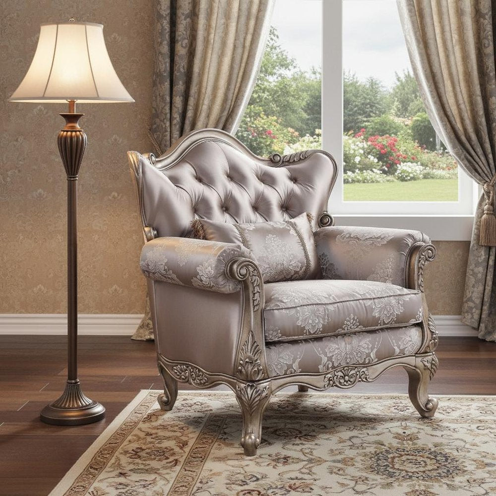 45" Champagne Fabric Floral Tufted Arm Chair And Toss Pillow HomeRoots
