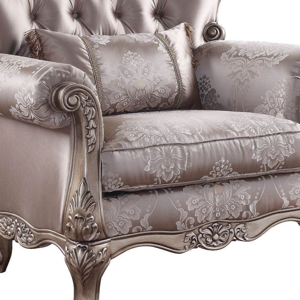 45" Champagne Fabric Floral Tufted Arm Chair And Toss Pillow HomeRoots