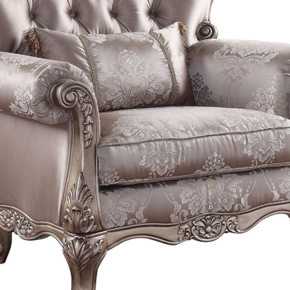 45" Champagne Fabric Floral Tufted Arm Chair And Toss Pillow HomeRoots