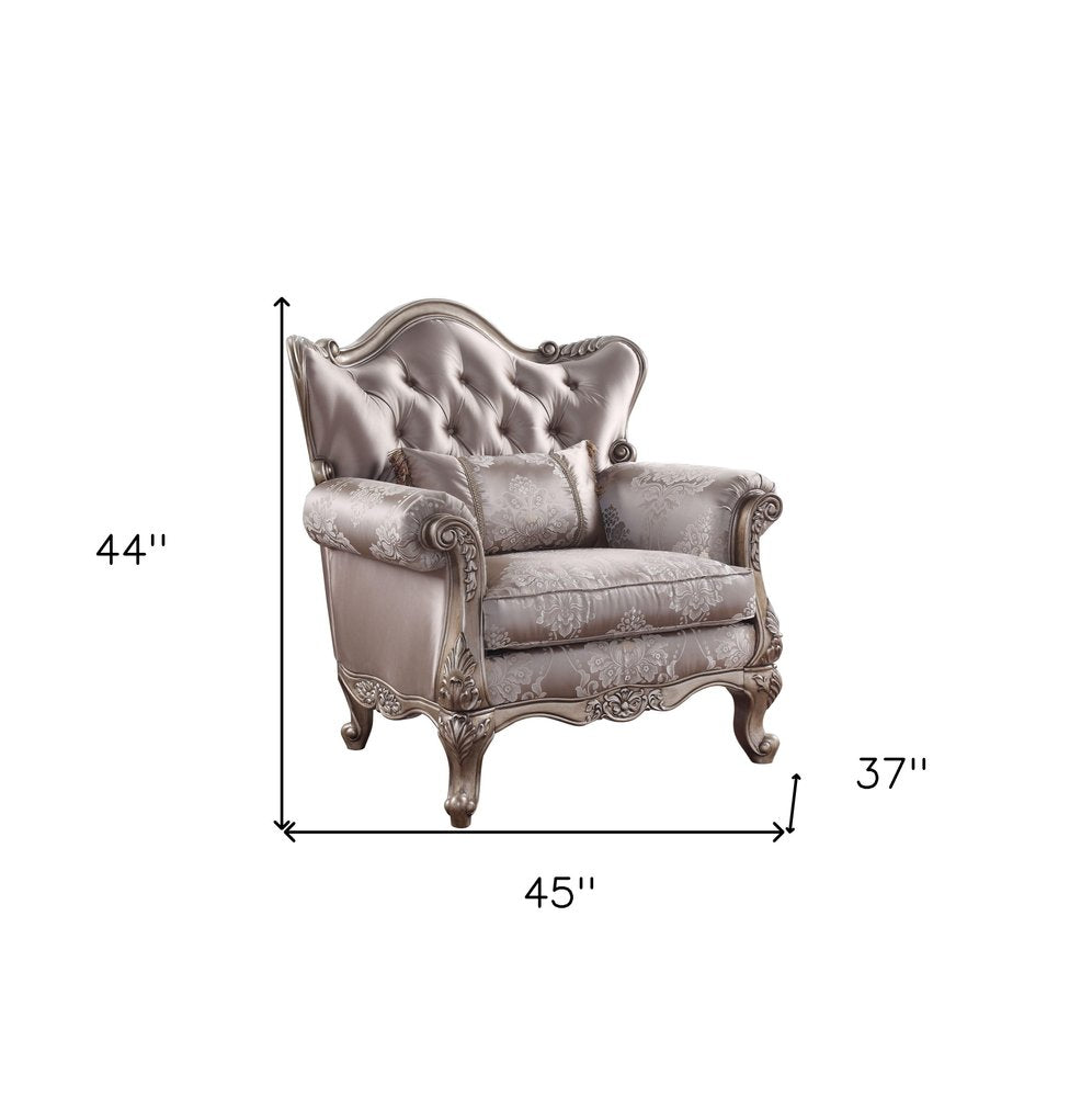45" Champagne Fabric Floral Tufted Arm Chair And Toss Pillow HomeRoots