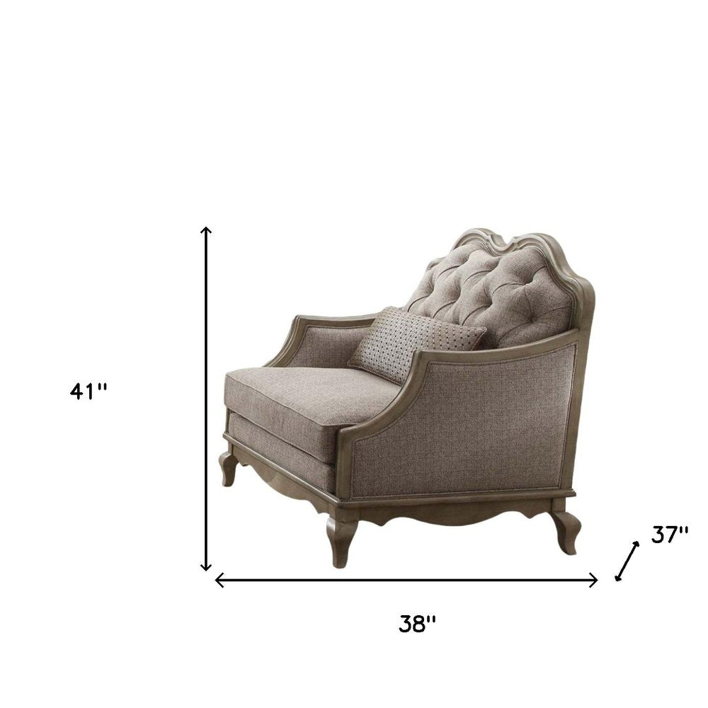 38" Beige and Taupe Fabric Tufted Chair and a Half And Toss Pillow HomeRoots