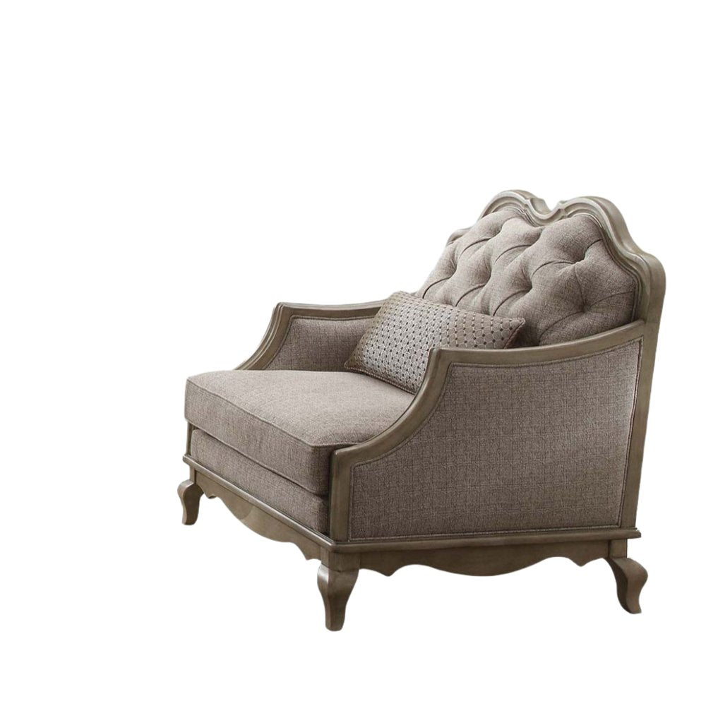 38" Beige and Taupe Fabric Tufted Chair and a Half And Toss Pillow — view 2