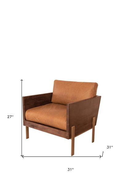 31" Brown Top Grain Leather And Solid Wood Arm Chair HomeRoots