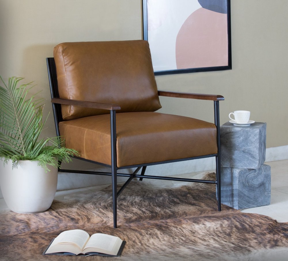 24" Brown Top Grain Leather And Black Solid Color Arm Chair HomeRoots