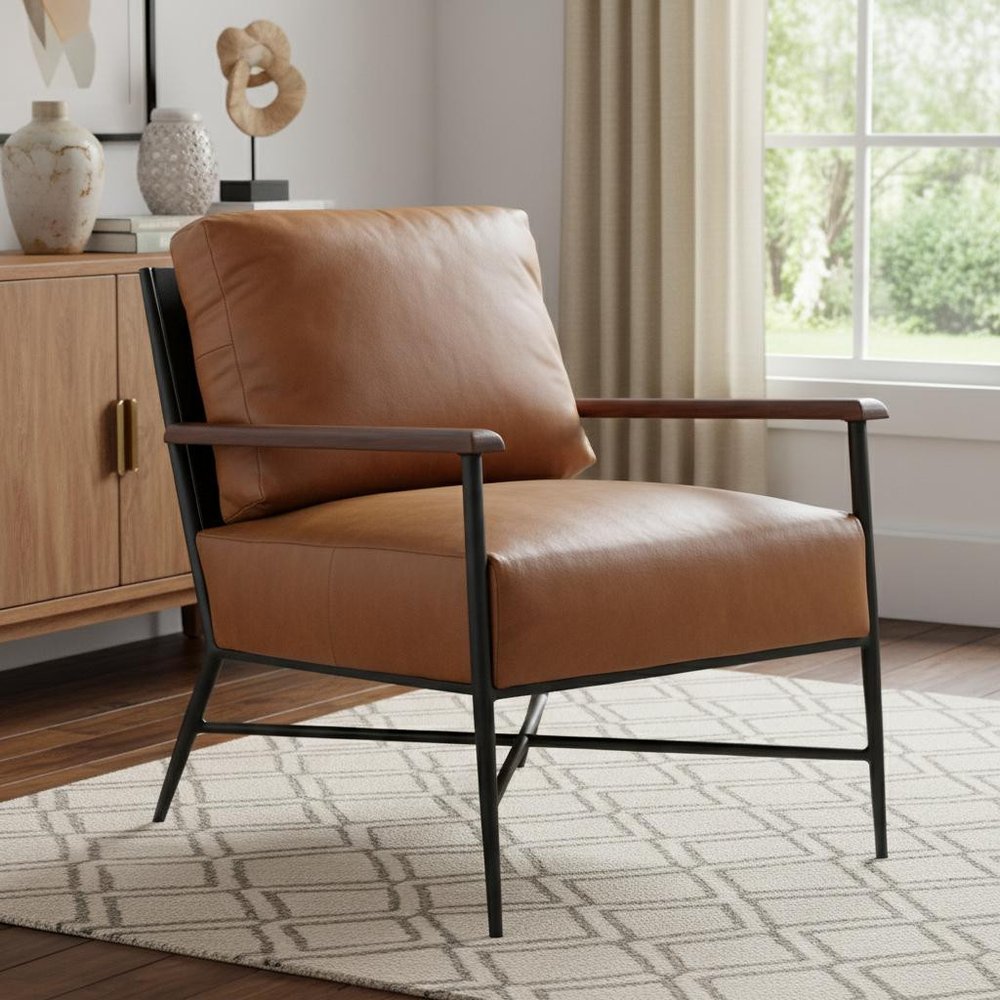24" Brown Top Grain Leather And Black Solid Color Arm Chair HomeRoots