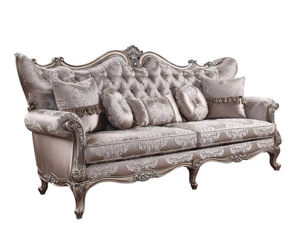 94" Dark Gray Imitation Silk Damask Sofa And Toss Pillows With Champagne Legs HomeRoots