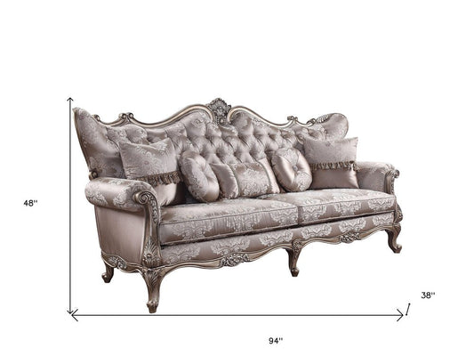 94" Dark Gray Imitation Silk Damask Sofa And Toss Pillows With Champagne Legs HomeRoots