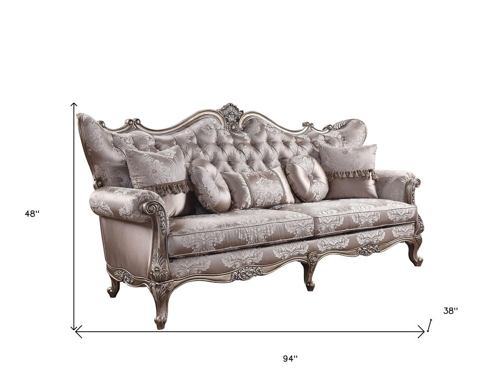 94" Dark Gray Imitation Silk Damask Sofa And Toss Pillows With Champagne Legs HomeRoots