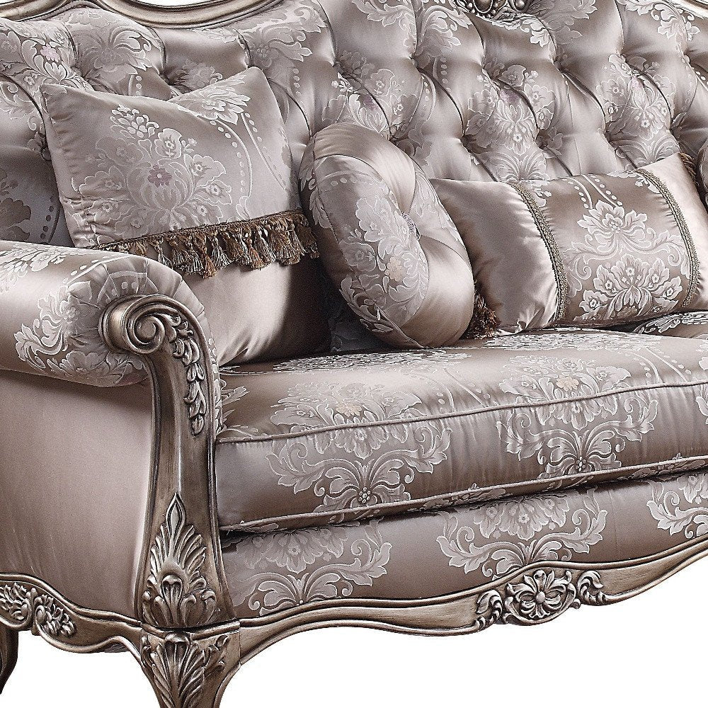 94" Dark Gray Imitation Silk Damask Sofa And Toss Pillows With Champagne Legs HomeRoots