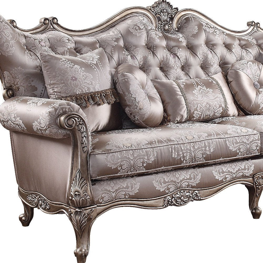 94" Dark Gray Imitation Silk Damask Sofa And Toss Pillows With Champagne Legs HomeRoots