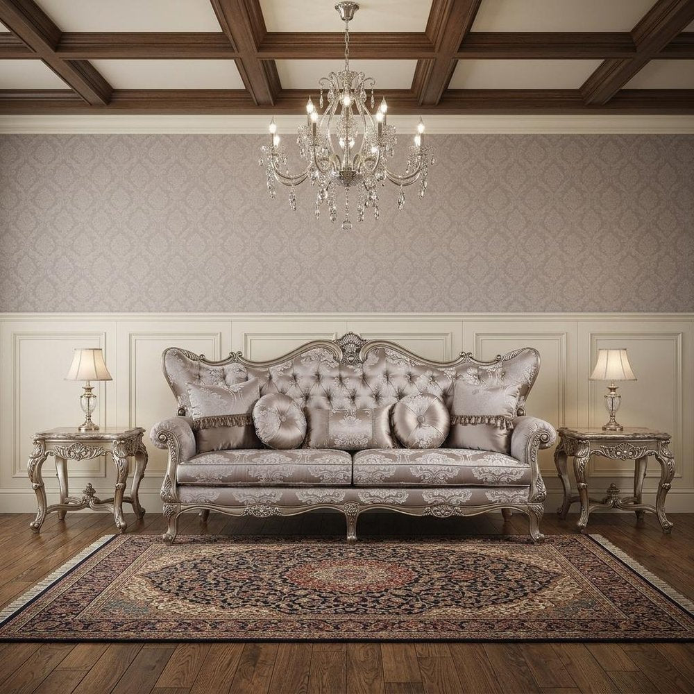 94" Dark Gray Imitation Silk Damask Sofa And Toss Pillows With Champagne Legs HomeRoots